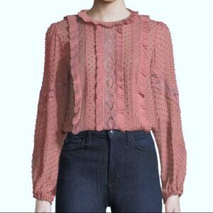 ZIMMERMANN Unbridled Spliced Silk Ruffle Lace Blouse in Rose Size 6 NEW